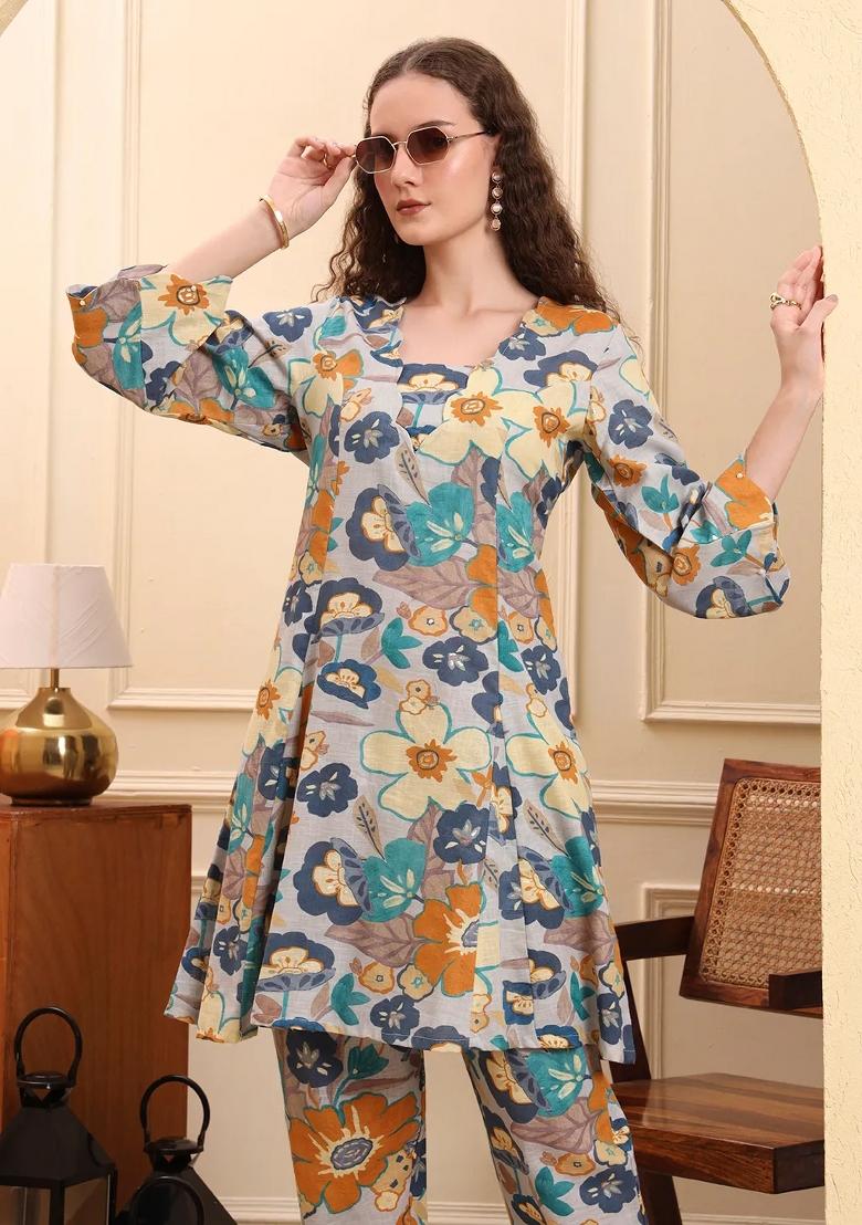 Blue Printed Cotton Kurta Set - Indya