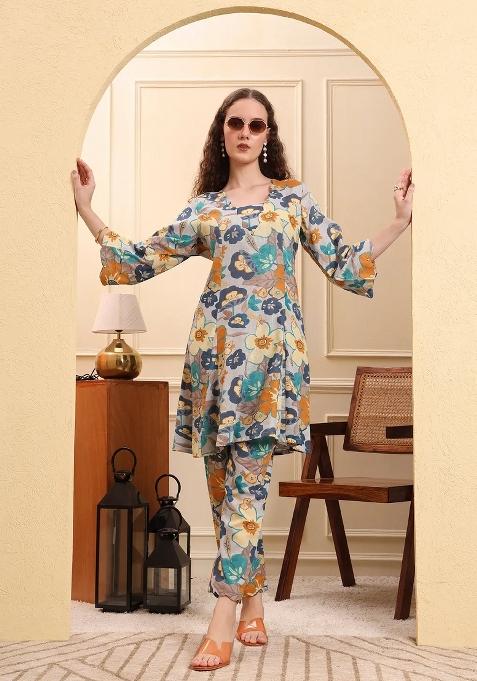 Blue Printed Cotton Kurta Set