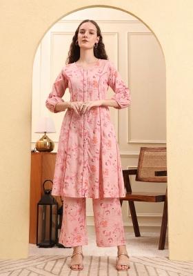Pink Printed Linen Kurta Set