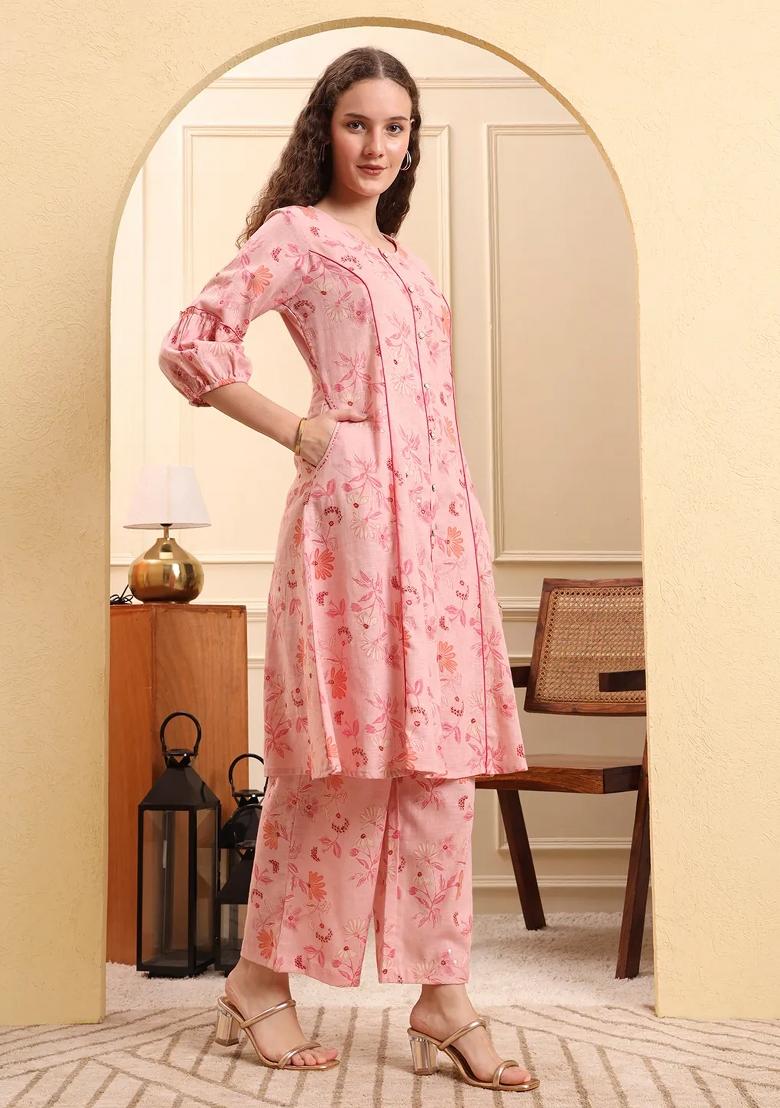 Pink Printed Linen Kurta Set - Indya