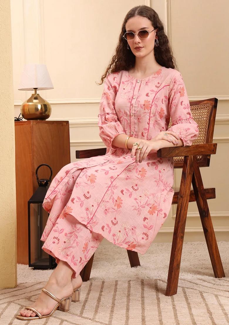 Pink Printed Linen Kurta Set - Indya