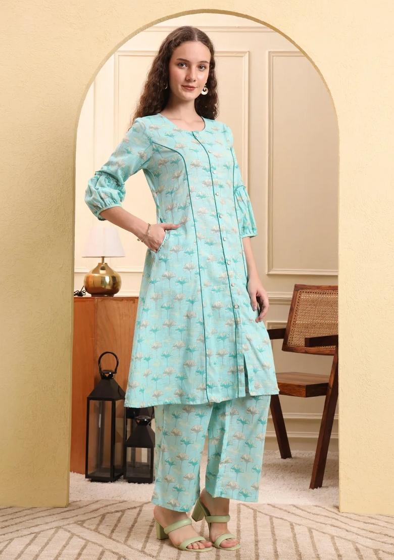 Sea Green Printed Linen Kurta Set - Indya
