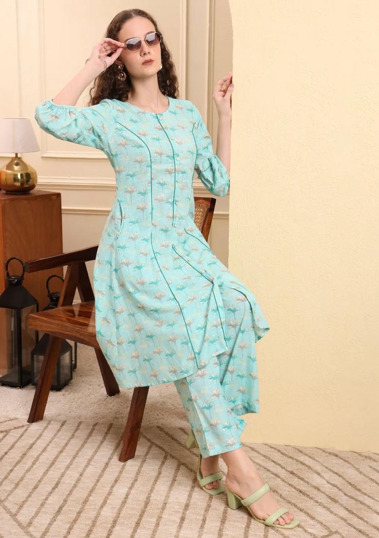 Sea Green Printed Linen Kurta Set - Indya