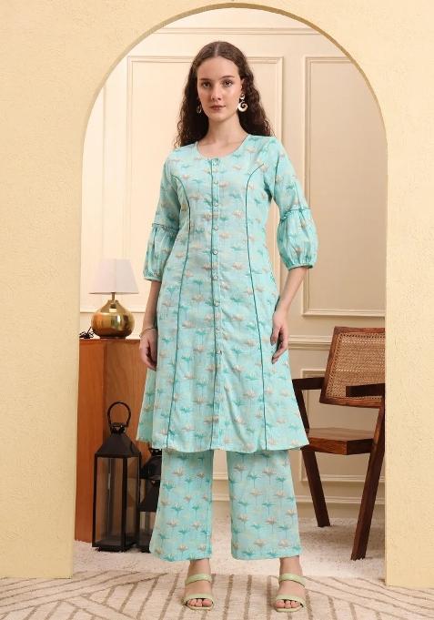 Sea Green Printed Linen Kurta Set