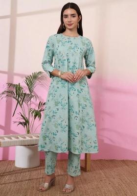 Sea Green Motif Linen Kurta Set