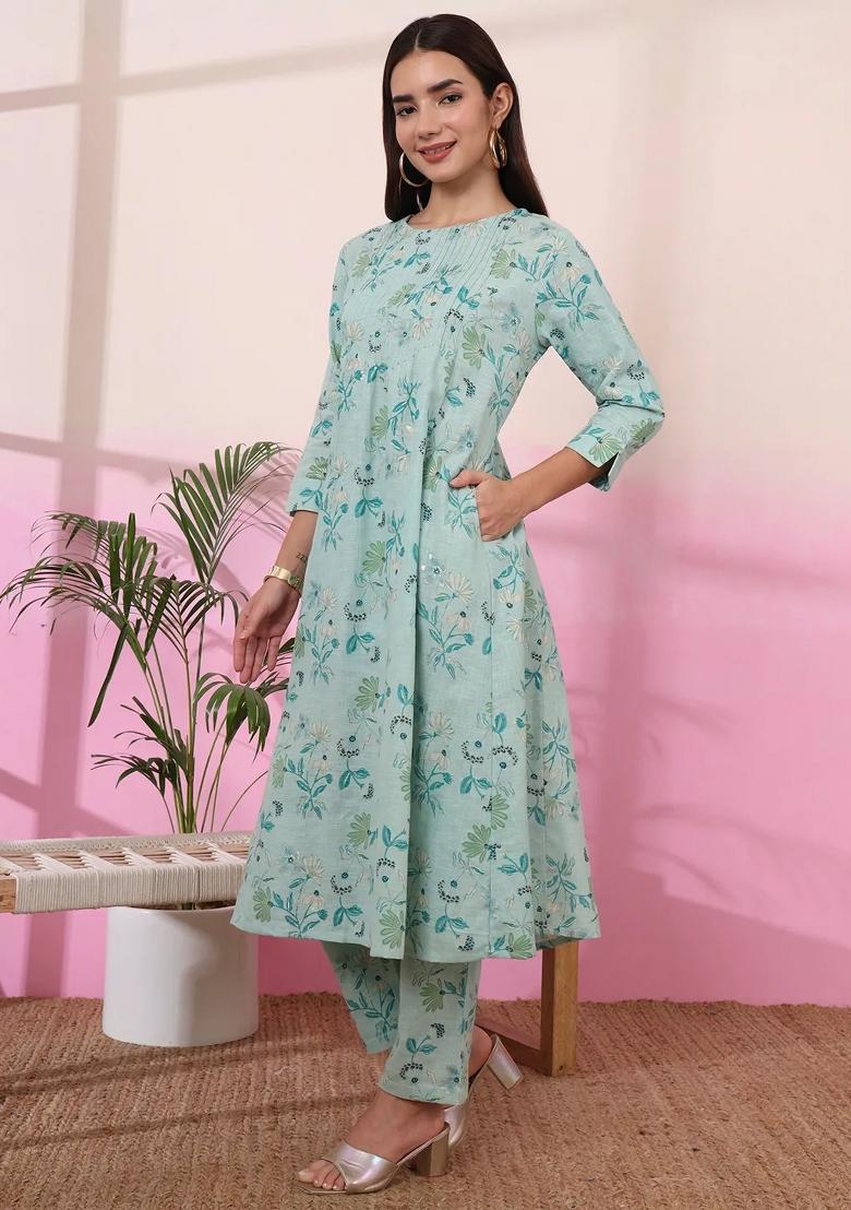Sea Green Motif Linen Kurta Set - Indya