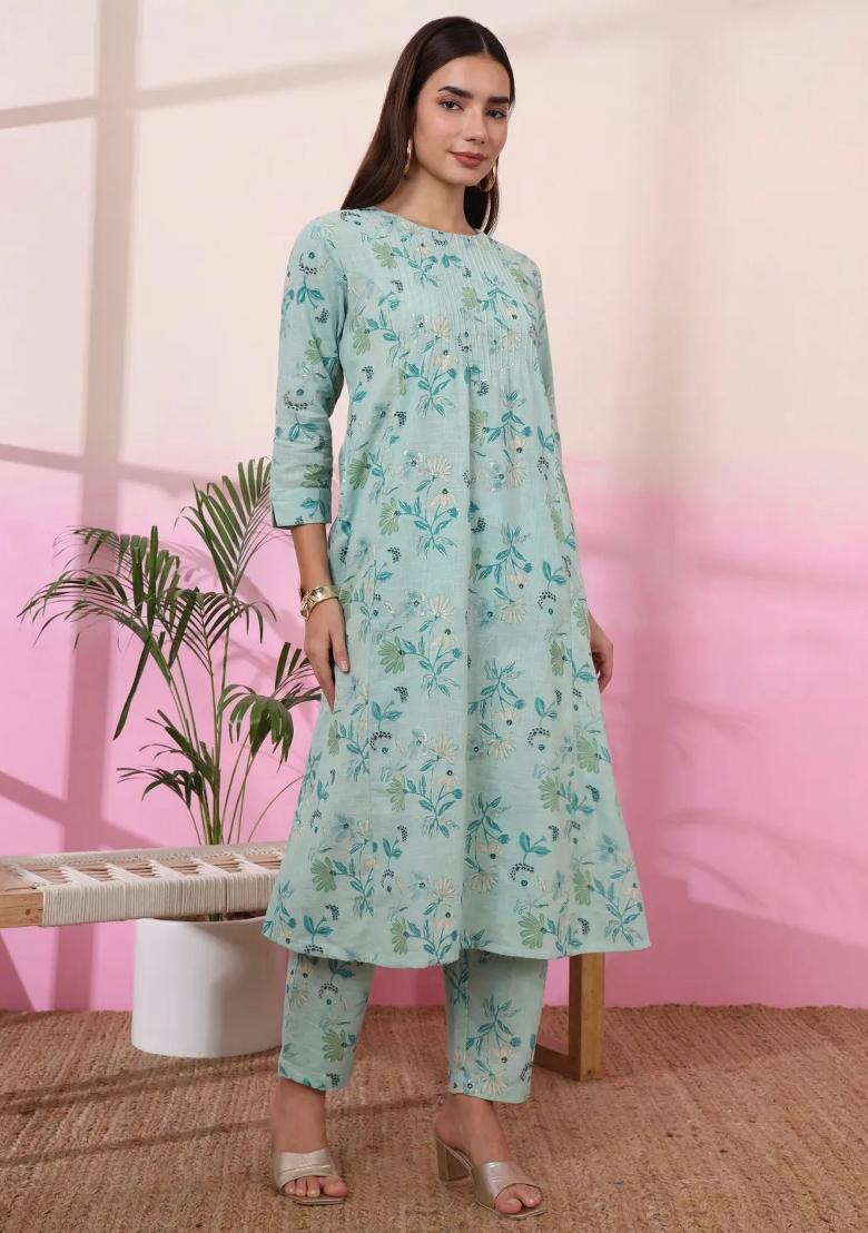 Sea Green Motif Linen Kurta Set - Indya