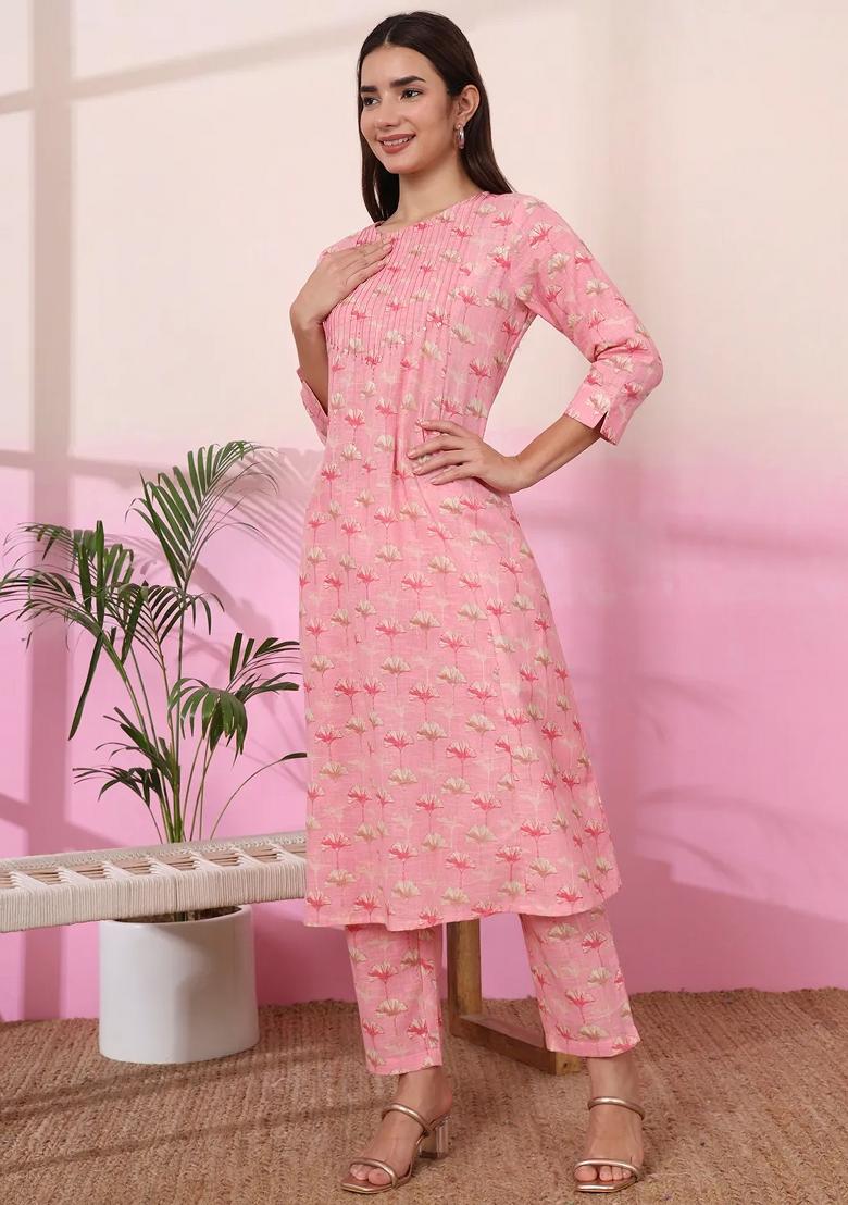 Pink Motif Linen Kurta Set - Indya
