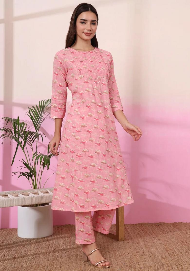 Pink Motif Linen Kurta Set - Indya