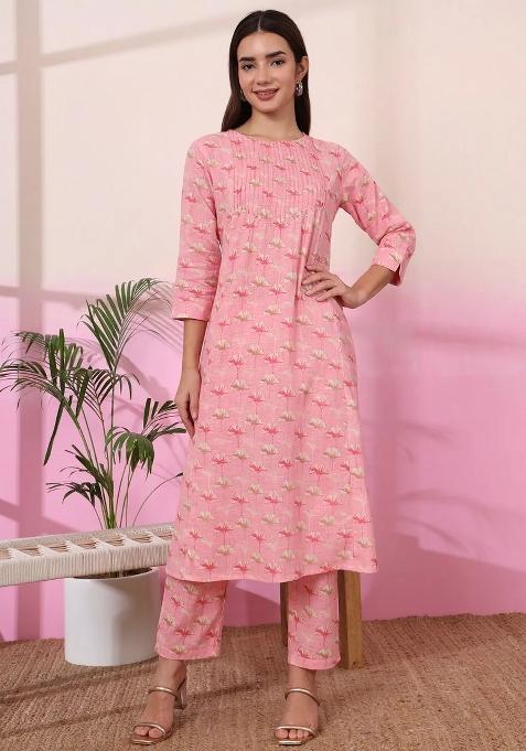 Pink Motif Linen Kurta Set