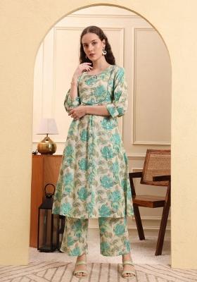 Green Printed Linen Kurta Set