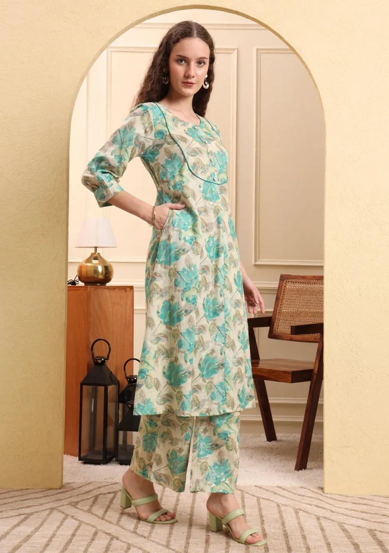 Green Printed Linen Kurta Set - Indya