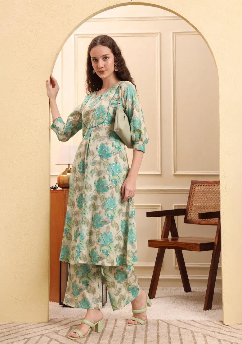 Green Printed Linen Kurta Set - Indya