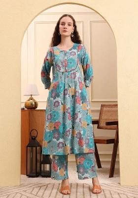 Sea Green Printed Linen Kurta Set