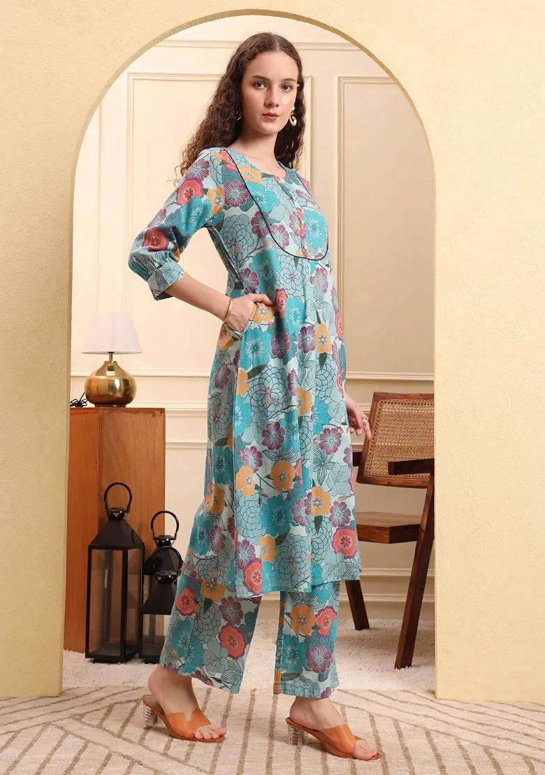 Sea Green Printed Linen Kurta Set - Indya