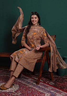 Brown Printed Cotton Kurta Dupatta Set