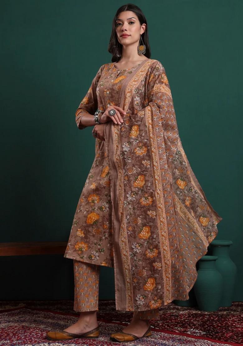 Brown Printed Cotton Kurta Dupatta Set - Indya