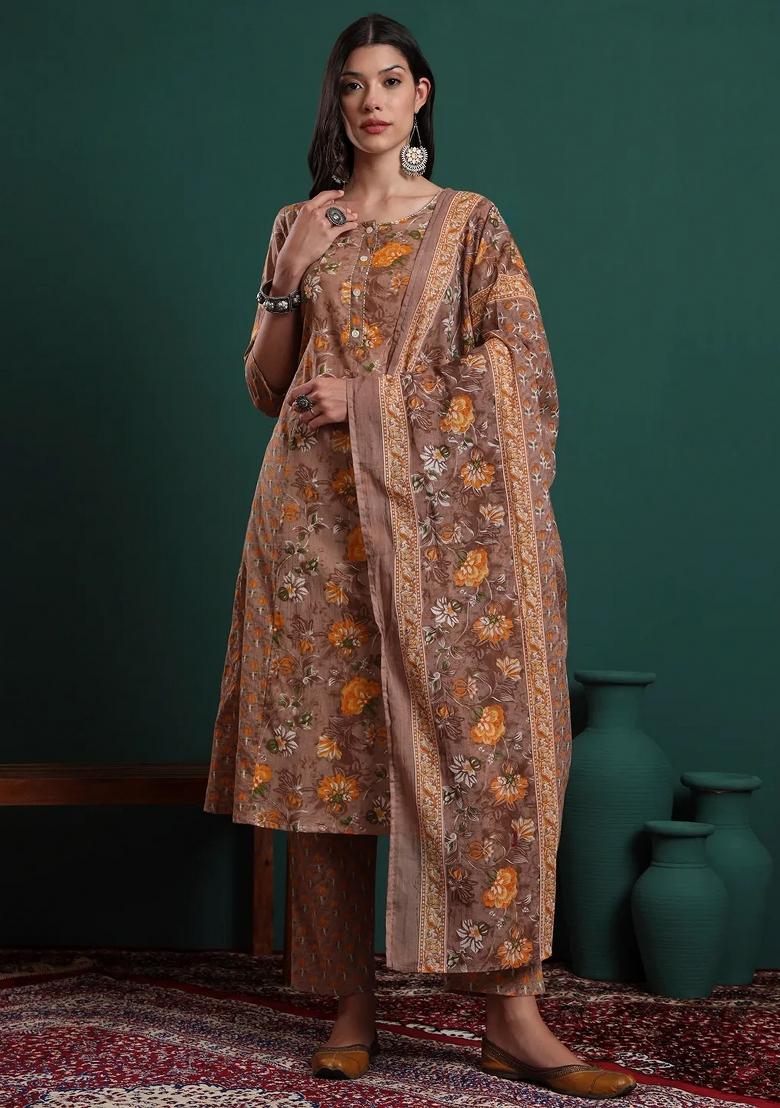 Brown Printed Cotton Kurta Dupatta Set - Indya