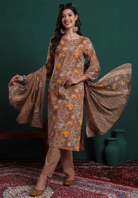 Brown Printed Cotton Kurta Dupatta Set