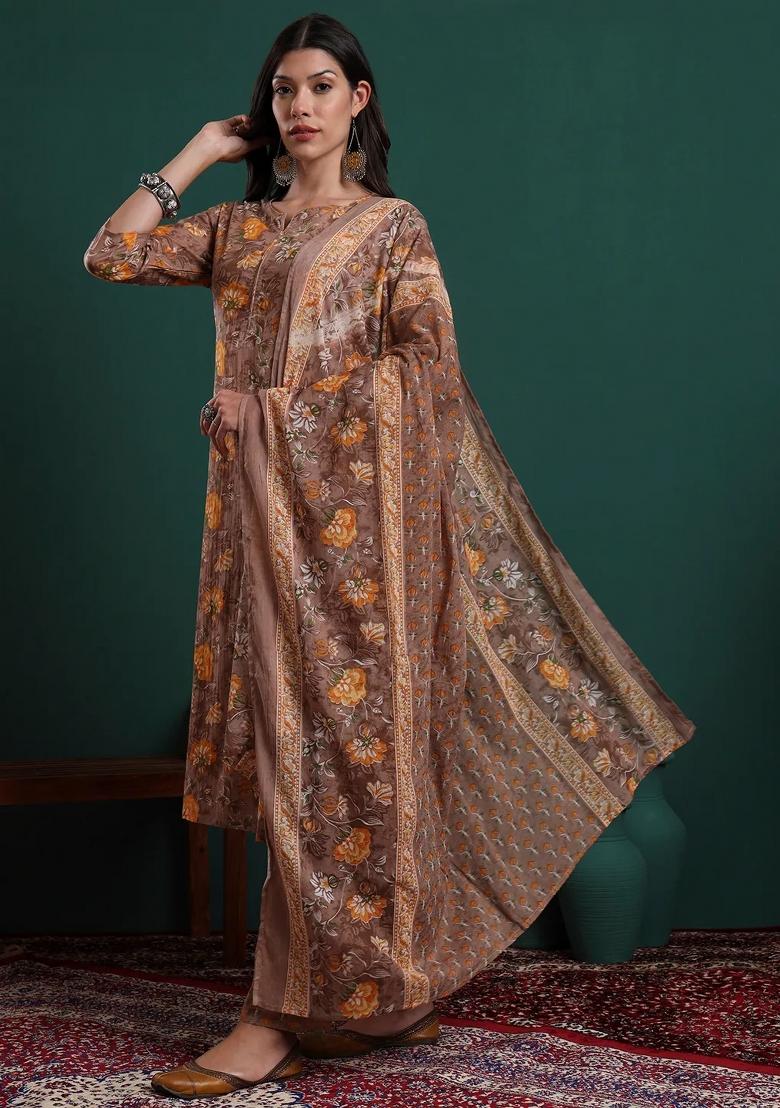 Brown Printed Cotton Kurta Dupatta Set - Indya