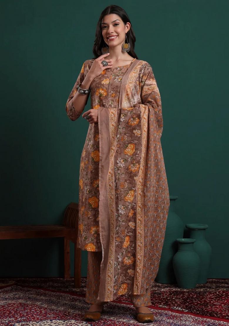 Brown Printed Cotton Kurta Dupatta Set - Indya
