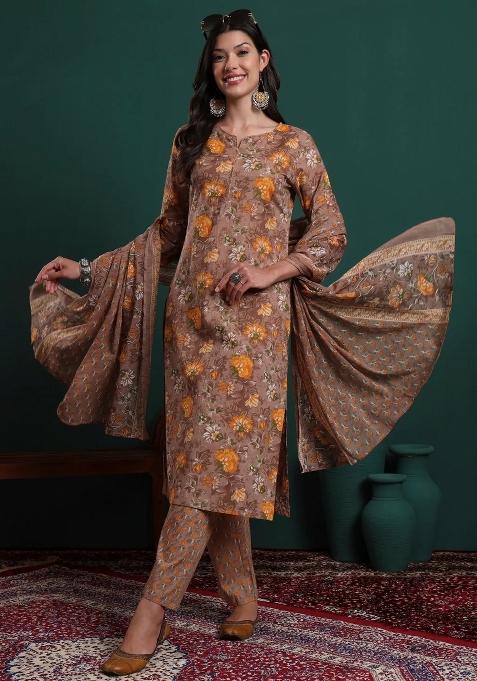 Brown Printed Cotton Kurta Dupatta Set