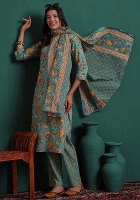 Green Printed Cotton Kurta Dupatta Set