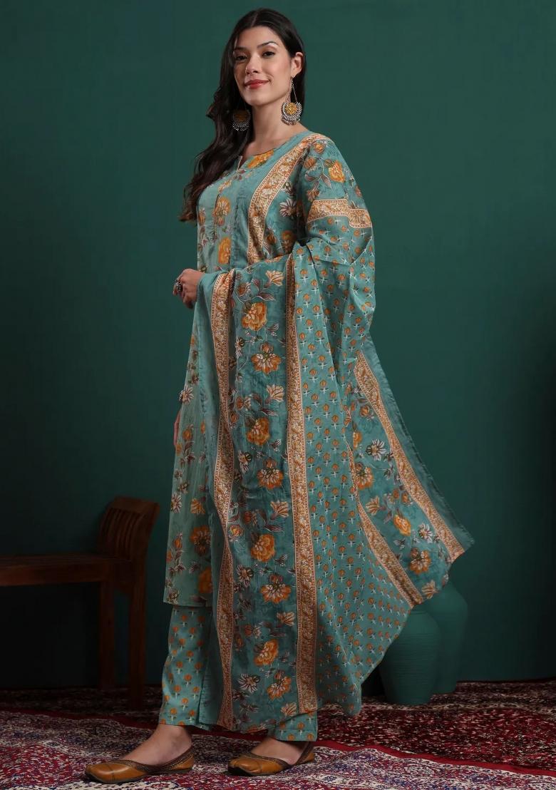 Green Printed Cotton Kurta Dupatta Set - Indya