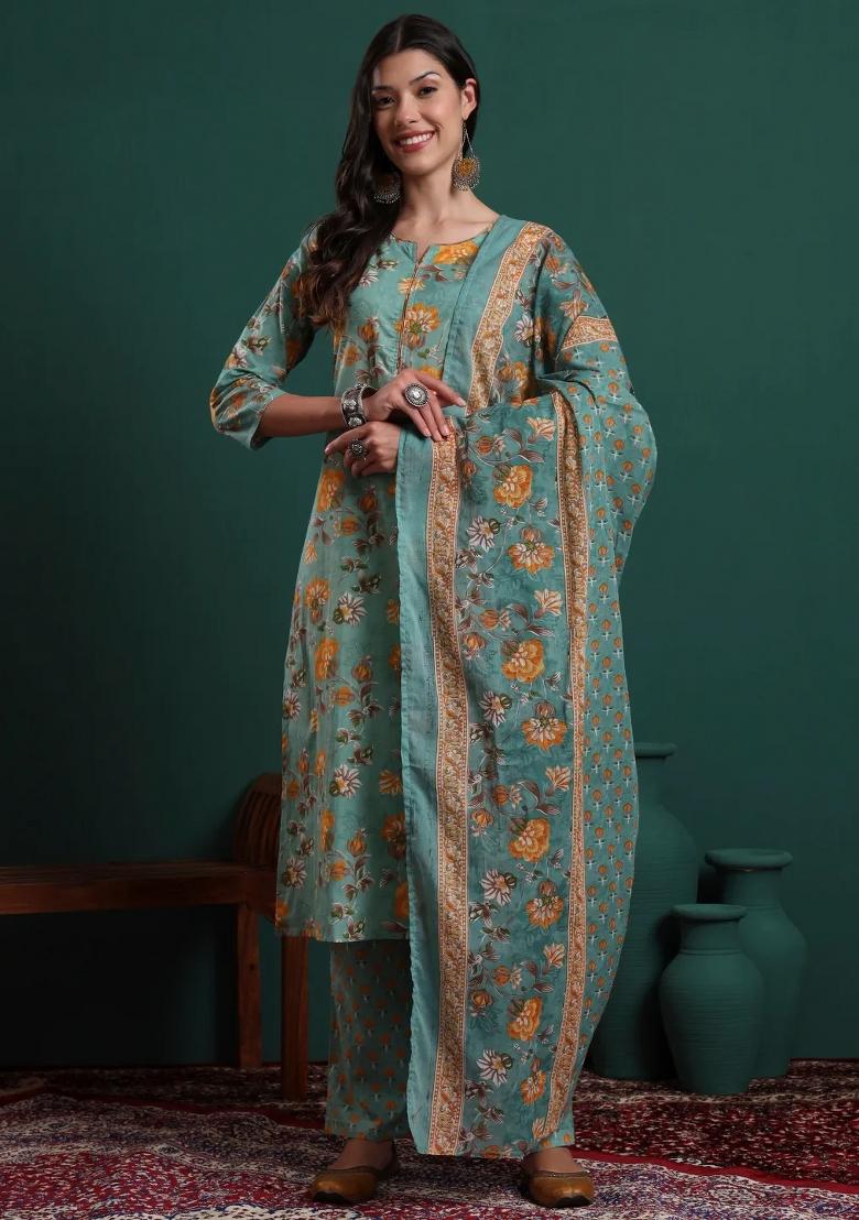 Green Printed Cotton Kurta Dupatta Set - Indya