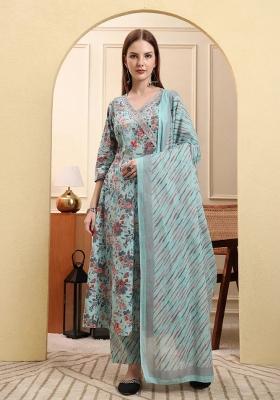 Blue Motif Cotton Kurta Dupatta Set