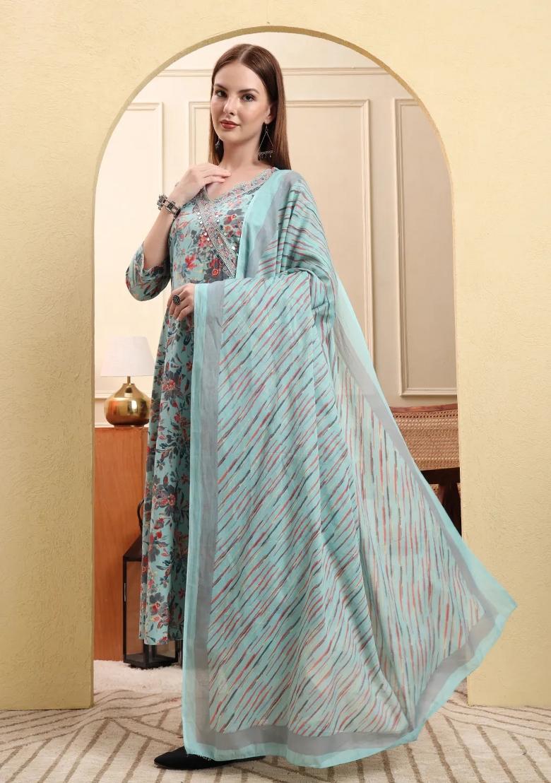 Blue Motif Cotton Kurta Dupatta Set - Indya