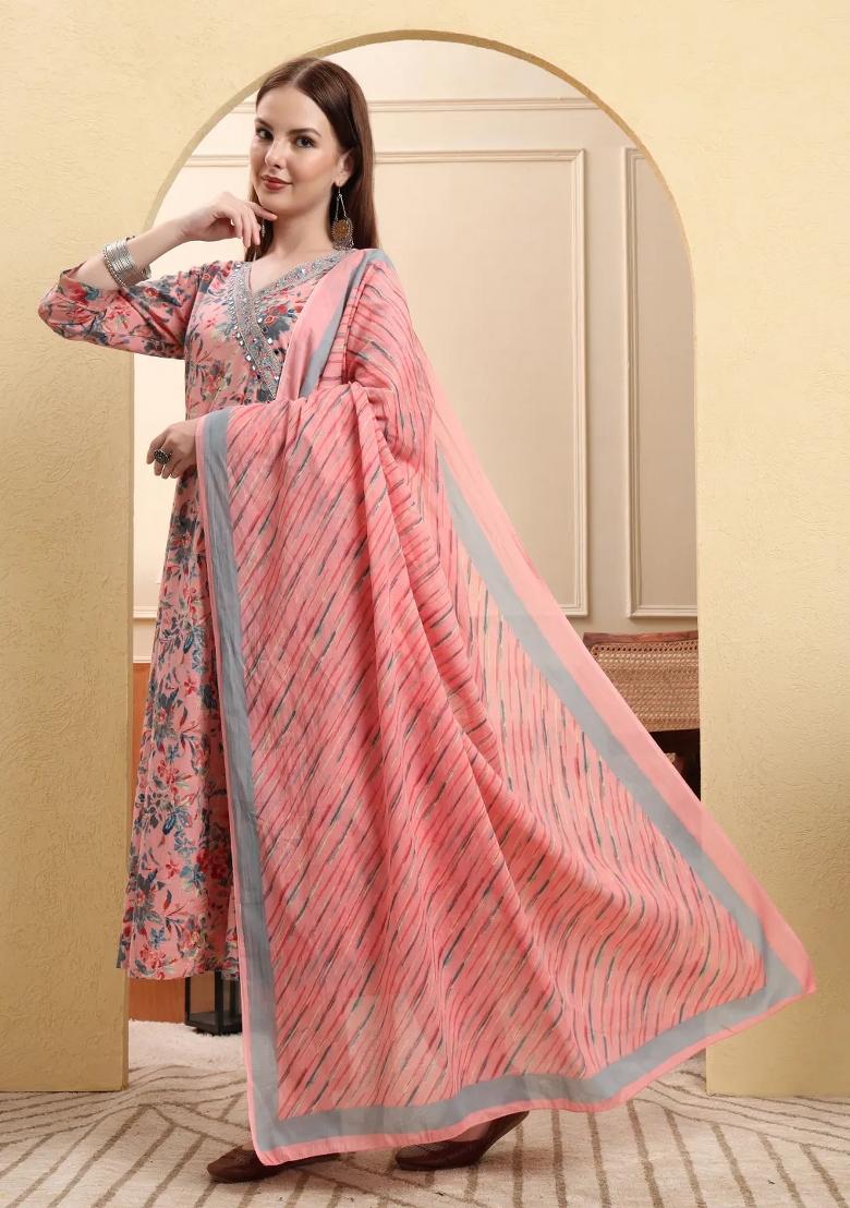Pink Motif Cotton Kurta Dupatta Set - Indya