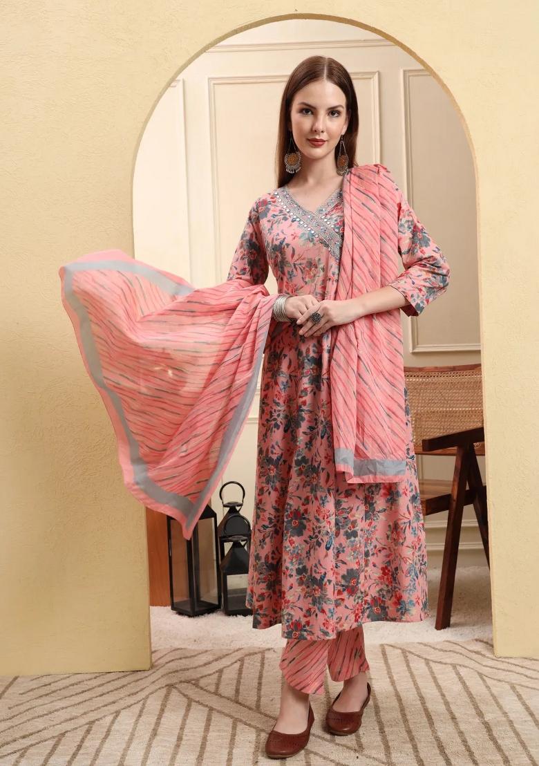 Pink Motif Cotton Kurta Dupatta Set - Indya