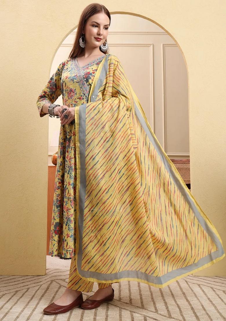 Yellow Motif Cotton Kurta Dupatta Set - Indya