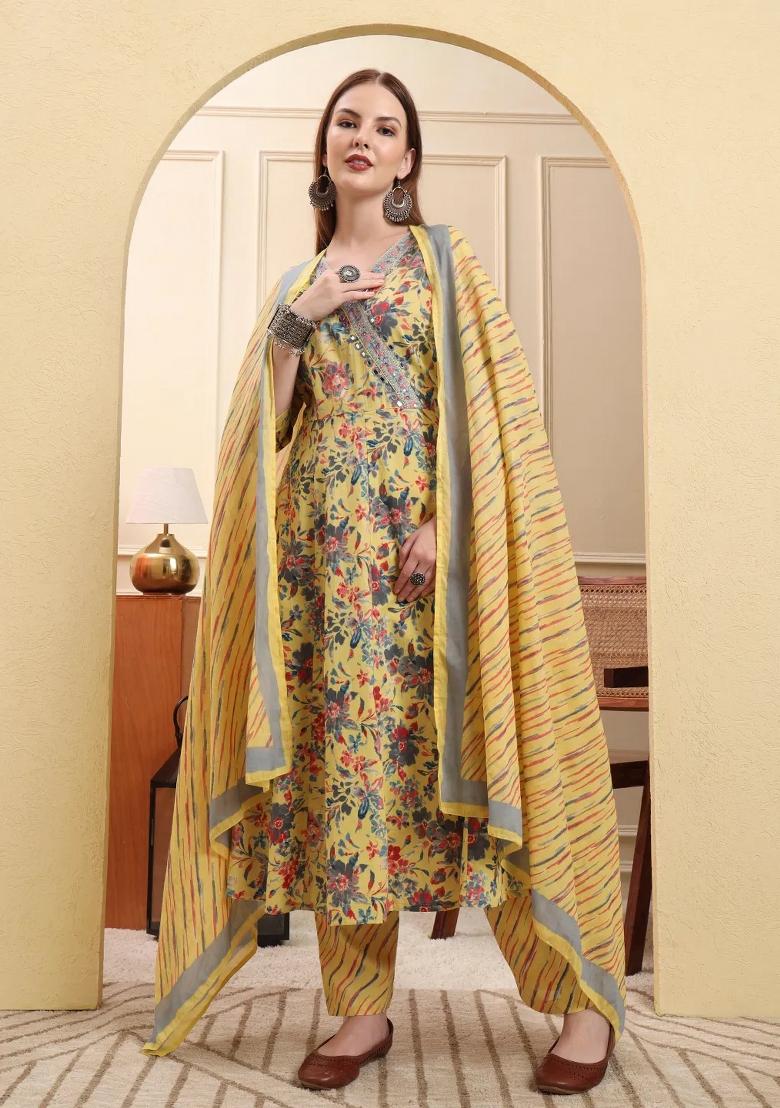 Yellow Motif Cotton Kurta Dupatta Set - Indya