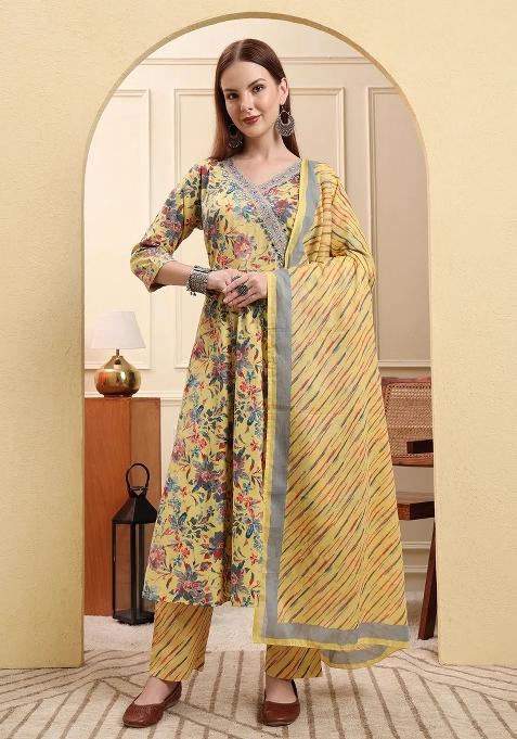 Yellow Motif Cotton Kurta Dupatta Set