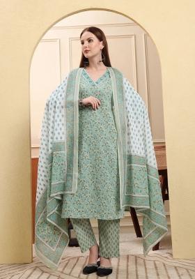 Green Floral Print Cotton Kurta Dupatta Set