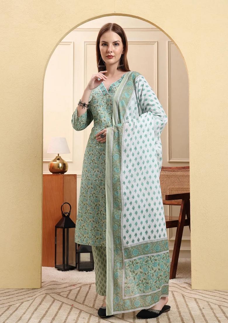 Green Floral Print Cotton Kurta Dupatta Set - Indya
