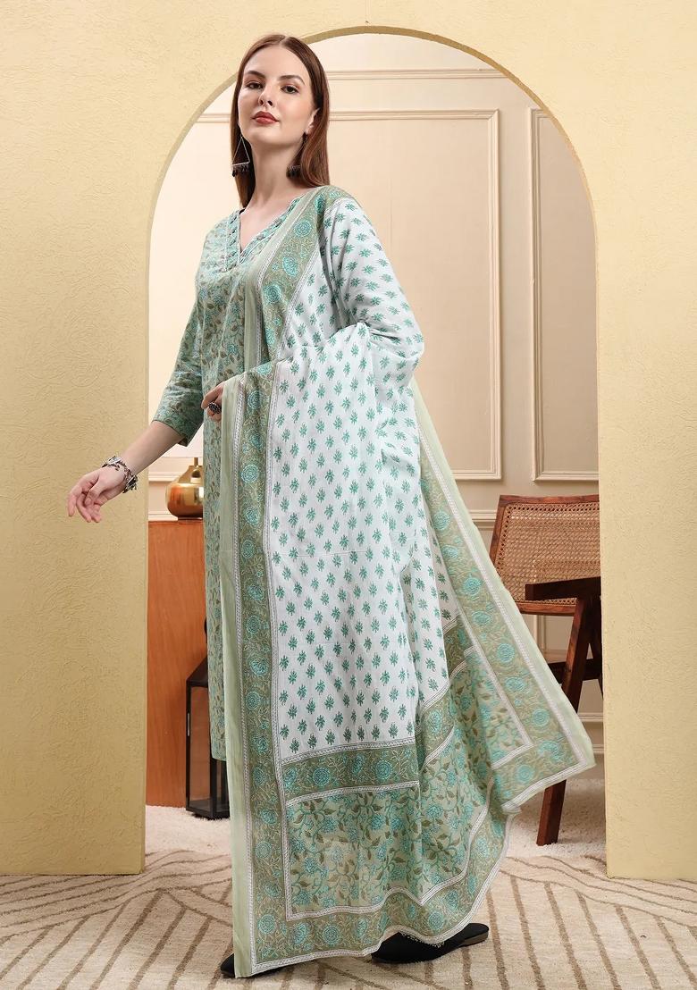 Green Floral Print Cotton Kurta Dupatta Set - Indya