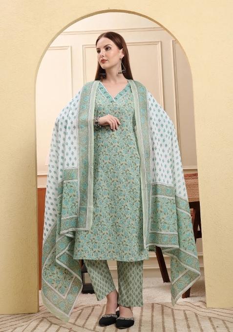 Green Floral Print Cotton Kurta Dupatta Set
