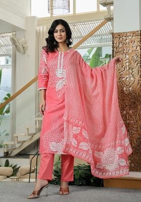 Pink Motif Cotton Kurta Dupatta Set