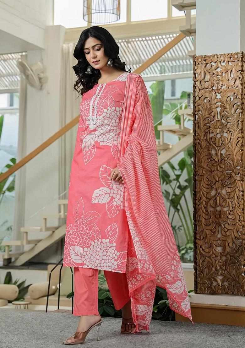 Pink Motif Cotton Kurta Dupatta Set - Indya