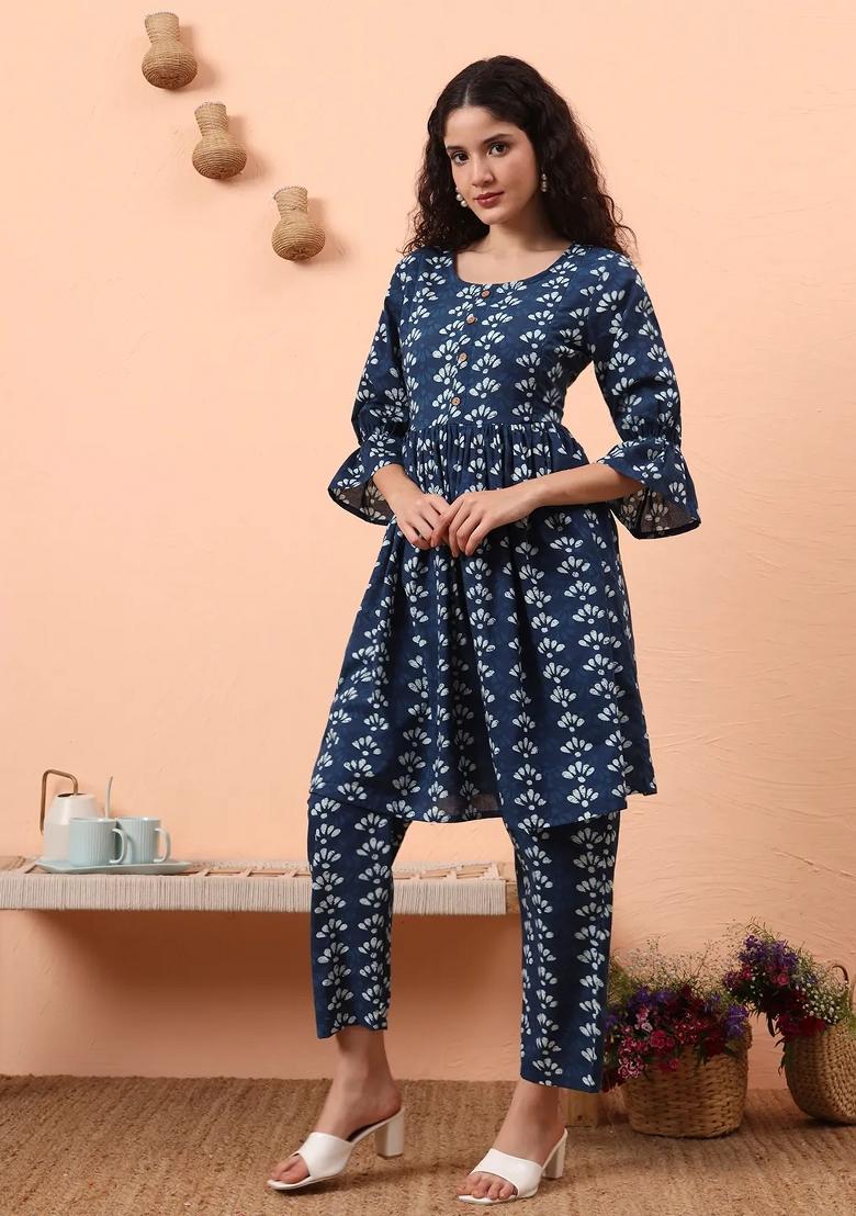 Blue Motif Cotton Kurta Set - Indya