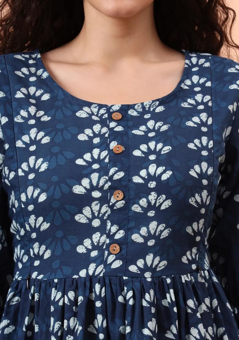 Blue Motif Cotton Kurta Set - Indya