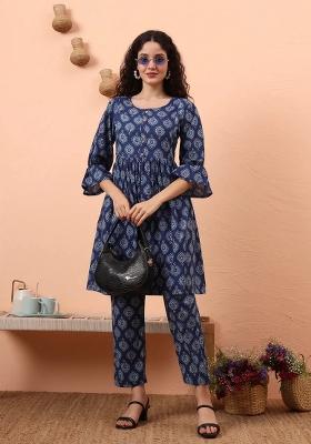 Blue Motif Cotton Kurta Set