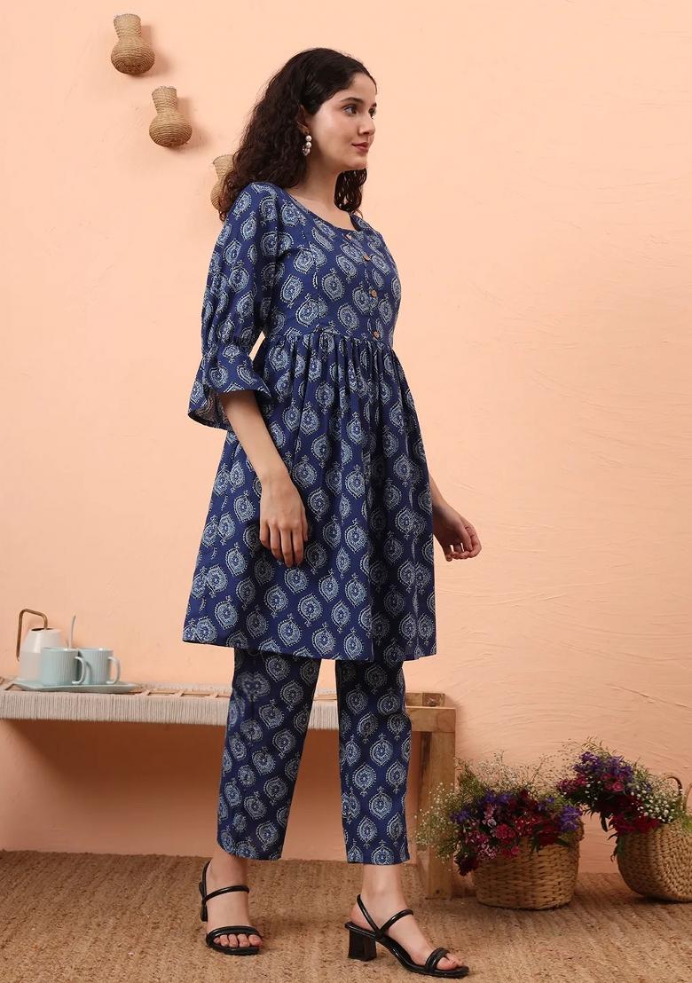 Blue Motif Cotton Kurta Set - Indya