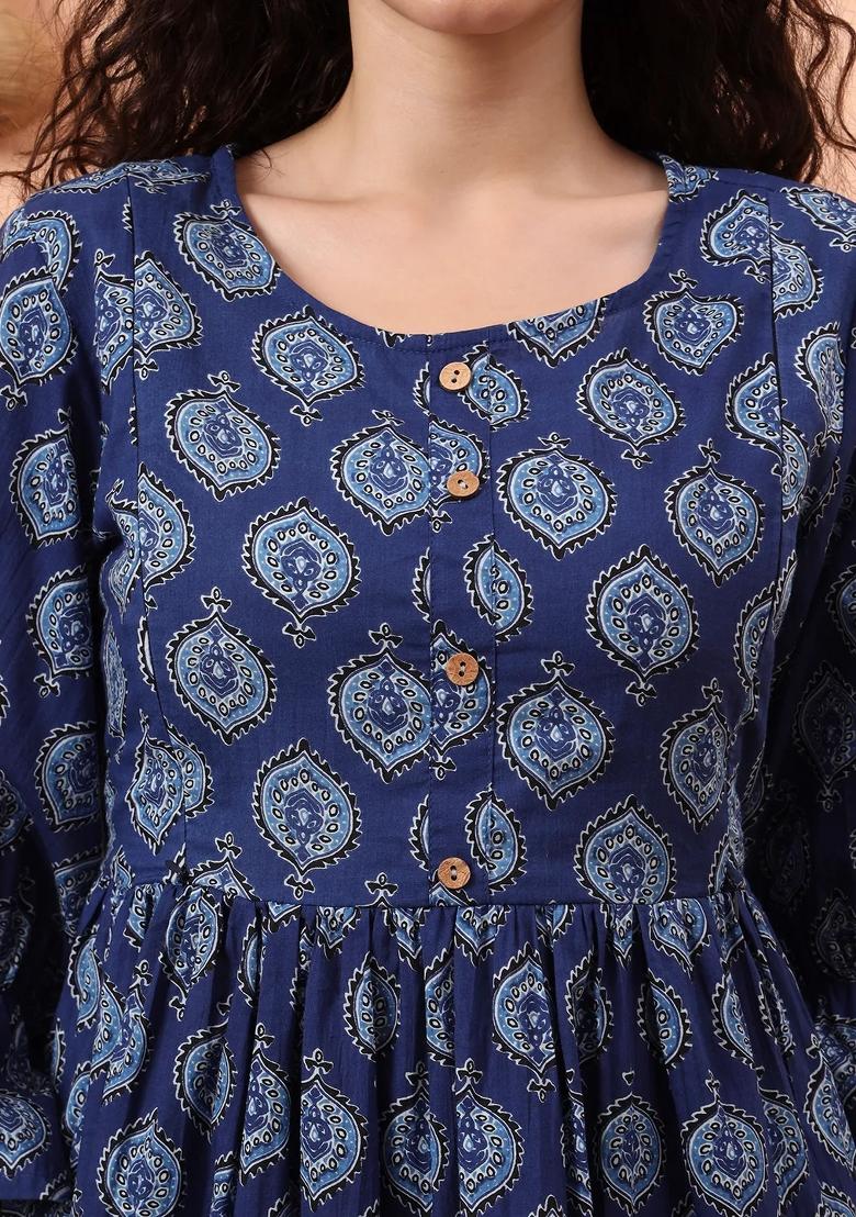 Blue Motif Cotton Kurta Set - Indya