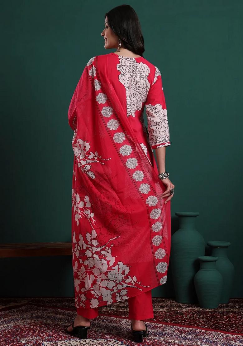 Hot Pink Printed Cotton Kurta Dupatta Set - Indya