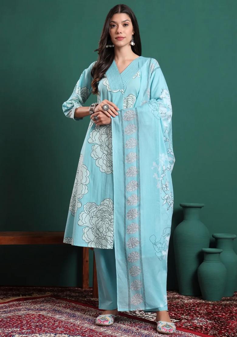 Sky Blue Printed Cotton Kurta Dupatta Set - Indya