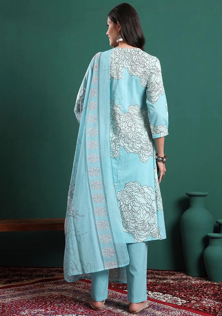 Sky Blue Printed Cotton Kurta Dupatta Set - Indya